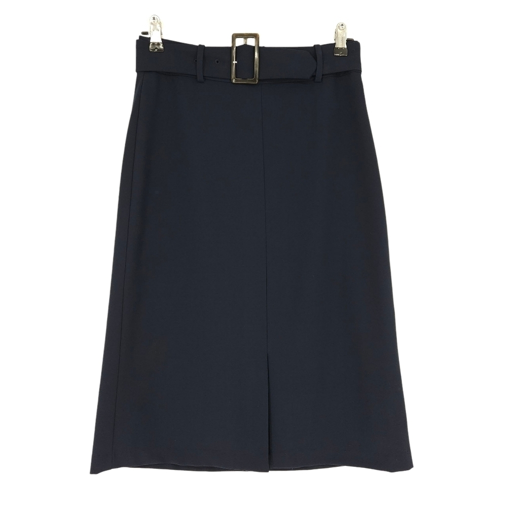 Banana Republic A Line Midi Skirt Navy Blue Belt Zip Back Front Slit 4 Tall